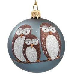 Käthe Wohlfahrt Glaskugel Blaugrau Mit Eulentrio, 7Cm