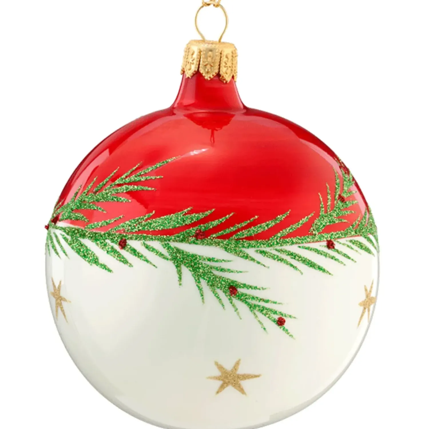 Käthe Wohlfahrt Glaskugel Rot-Weis Mit Zweig Und Sternchen, 8 Cm